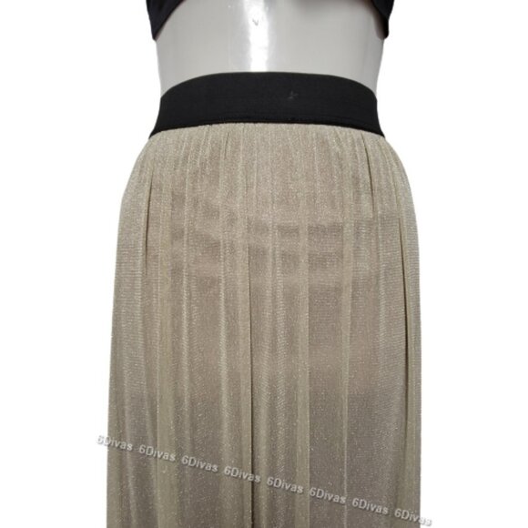 SHIMMERING elastic waist flare pleated long beige sheer skirt size L - Picture 4 of 11